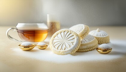 Wall Mural - Delicate Eid Sweets with Tea- Celebratory Maamoul Cookies and Powdered Sugar on Kahk 