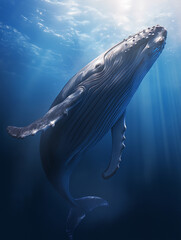 Wall Mural - majestic blue whale ascending gracefully in the deep ocean, with light filtering from above.