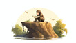 Illustration of a monkey reading above a stump 2d f