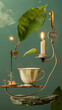 Surreal mechanical contraption with plant and candle for creative concepts in renewable energy and futuristic design