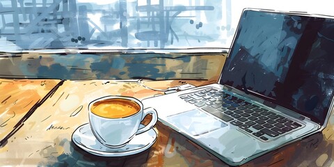 Poster - the cozy workspace of the digital freelancer a laptop coffee and the of a handcrafted ambiance