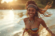Enjoying African American young woman with dreadlocks and beads in fashionable swimsuit splashes water. Vacation holiday on sea coast. AI Generative. Summer beach funs and joy. AI Generative