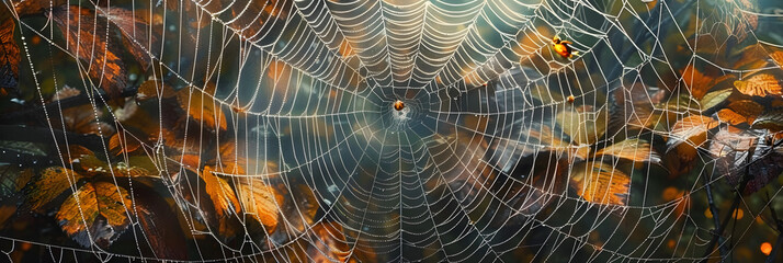 Wall Mural - An arthropods spider web made of natural material is intricately woven among leaves in a forest, creating a beautiful pattern while capturing insects for the terrestrial animal