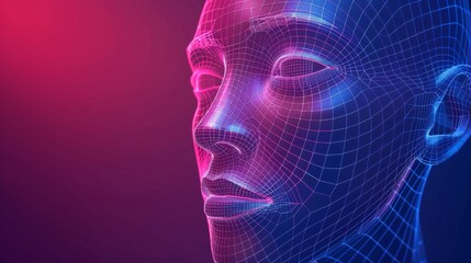 Poster - This wireframe head depicts a face scan or biometrics concept with a digital technology theme