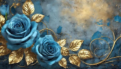 Background with an old cracked wall, gold and silver elements and flowers, lilies and roses in different colors