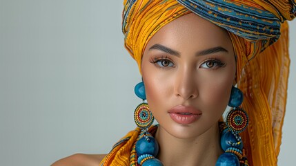 Wall Mural - fashion model in blue and yellow turban, make up and colorful jewelry, isolated on white