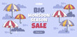Flat monsoon season sale horizontal banner template with umbrellas and clouds