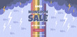 Flat monsoon season sale horizontal banner template with thunderstorm and rainbow