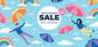 Flat monsoon season sale horizontal banner template with people floating and holding umbrellas