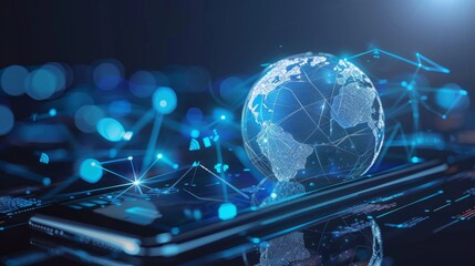 Leinwandbilder - Global communication or network concept, graphic of a mobile phone with a digital globe and technology icons
