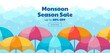 Flat monsoon season sale horizontal banner template with umbrellas