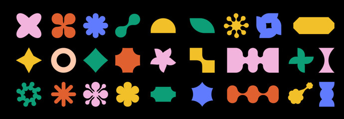 Aufkleber - Brutal elements set. Daisy floral organic form, stars, and other geometric shapes in trendy playful style. Vector design elements isolated on black background.