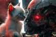 A scary cyborg with the red eyes and a cute little kitty with the blue eyes