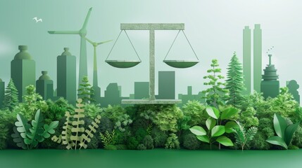 Poster - Ecological concept with factory and forest balancing each other, graphic of system for environmental conservation