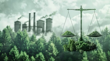 Poster - A graphic of a balancing scale between factory and forest to illustrate a concept of environmental conservation or ecology