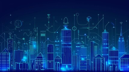 Fototapete - Smart city concept, graphic of buildings with futuristic industry elements