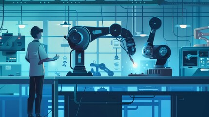 Poster - The engineer hand checks and controls the welding robotics automatic arms in the intelligent factory automotive industrial computer with software for monitoring the system......