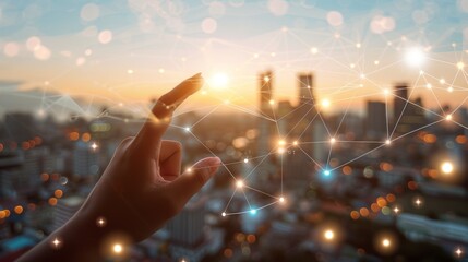 Aufkleber - Woman's hand touching wireless network and connection elements on an abstract city building.