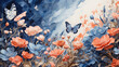 A dreamscape emerges as oil paints breathe life into indigo wildflowers and coral butterflies, evoking a sense of wonder and serenity.