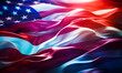 Abstract American flag design with graceful flowing red, white and blue waves, enhanced lens flares, patriotic backdrop for modern 4th of July
