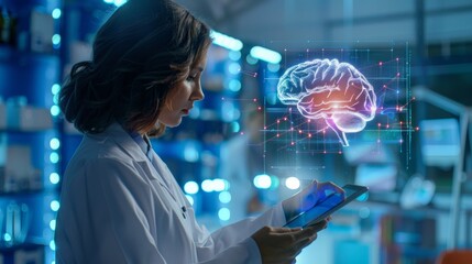 Aufkleber - On a technological tablet with futuristic user interface and holographic innovation, a female surgeon analyzes a patient's brain with human anatomy.