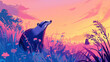 Texugo no campo no por do sol rosa  - Ilustração