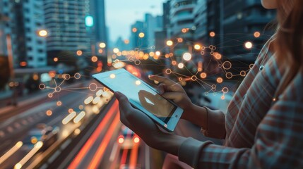 Poster - Businesswoman holding digital tablet computer of global logistics network on city background, smart logistics, innovation future of transportation.
