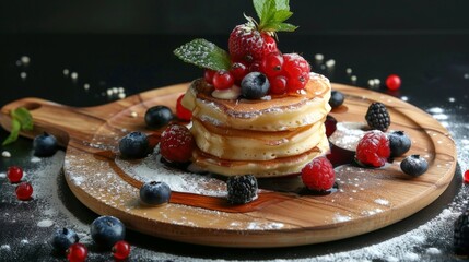 Wall Mural - Close up of pancakes with berries and powdered sugar