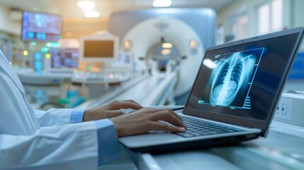 Poster - The wide banner shows a medical doctor using a laptop computer to operate an advanced medical imaging x-ray scanning machine in the hospital's health care lab.