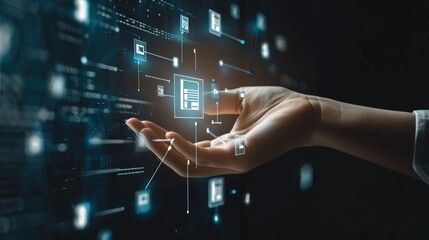 Aufkleber - A hand-touch icon depicting a business internet technology concept for document management data.