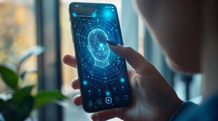 Aufkleber - Facial recognition concept with hand-touching UI for securing smartphone with face identification.