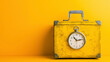 Travel concept, huge clock on yellow suitcase, studio simple color background