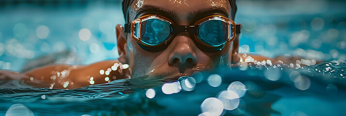 Wall Mural - A person wearing goggles is immersed in the water, enjoying leisure and recreation in the swimming pool.
