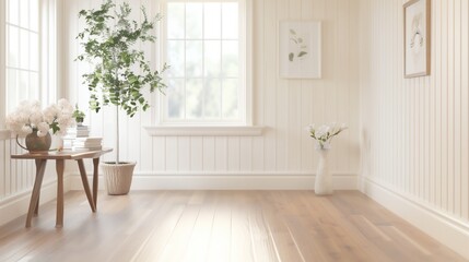 Aufkleber - A white room with a wooden floor and a large window. A potted plant sits on a table in the room
