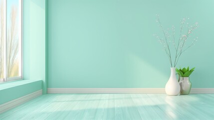 Poster - A white vase with a green plant sits on a wooden floor in a room with a light blue wall