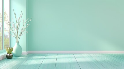Poster - A large, empty room with a green wall and a white floor. A vase with flowers sits on a table in the room