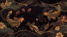 Oriental Style Background Modern With Sakura Flower, Ocean Wave, And Koi Carp Fish In A Luxury Style. This Design Is A Modern Illustration With A Chinese Oriental Style.