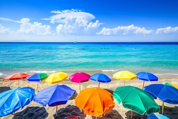 Poster - A beach scene with many colorful umbrellas and a blue sky. Scene is cheerful and inviting, as the colorful umbrellas create a vibrant and lively atmosphere