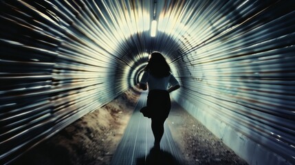 Poster - A woman is running through a tunnel. The tunnel is dark and narrow
