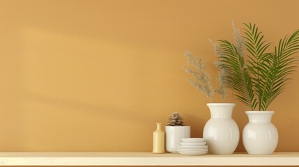 Aufkleber - A white vase with a green leaf on top sits on a shelf next to a bottle and a bowl