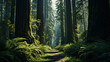 Path in a forest with trees and ferns. The path is surrounded by trees and ferns, and the sun is shining through the trees.