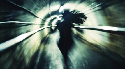 Poster - A blurry image of a woman running through a tunnel. The image has a sense of motion and energy, as if the woman is in a hurry or in a state of panic. The tunnel itself is dark and mysterious