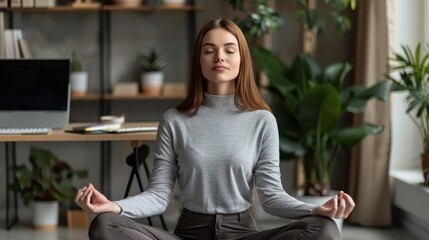 Poster - Woman Meditating in Office Environment