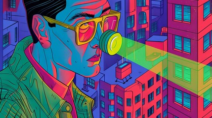 Poster - Dramatic scene, vector-style, with a flashlight uncovering a hackers face, revealing digital code reflections