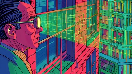 Poster - Dramatic scene, vector-style, with a flashlight uncovering a hackers face, revealing digital code reflections