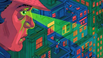 Poster - Dramatic scene, vector-style, with a flashlight uncovering a hackers face, revealing digital code reflections