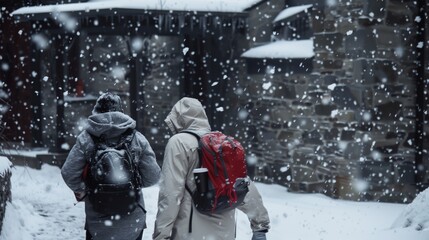 Wall Mural - Two people walking in the snow, one of them wearing a backpack. Scene is calm and peaceful, as the snowflakes fall gently around them