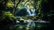 Serene cascading waterfall hidden amidst, emerald forest, a tranquil oasis offering respite from the bustling world.