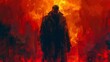 A mysterious figure in a long coat with a monstrous limb, silhouetted against the fiery sky, depicted in a digital art piece with an illustrative painting technique.