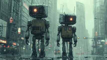 Wall Mural - A pair of robots strolling through the urban landscape of a deserted metropolis, depicted in a digital artistic representation during a rainy afternoon.